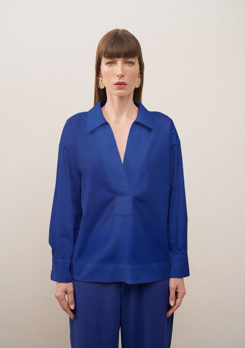 Camisa Iódice Solta Decote V Manga Longa Padrão Azul