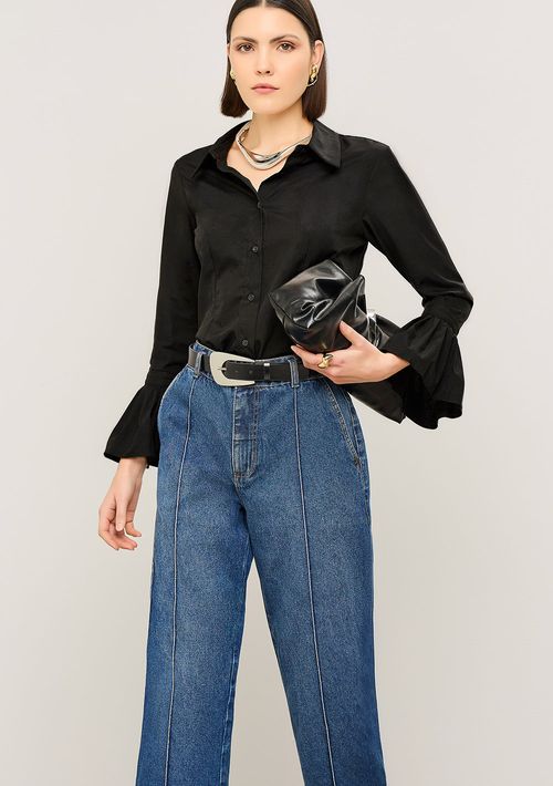 Camisa Iódice Ajustada Gola Tradicional Manga Longa Padrão Preto